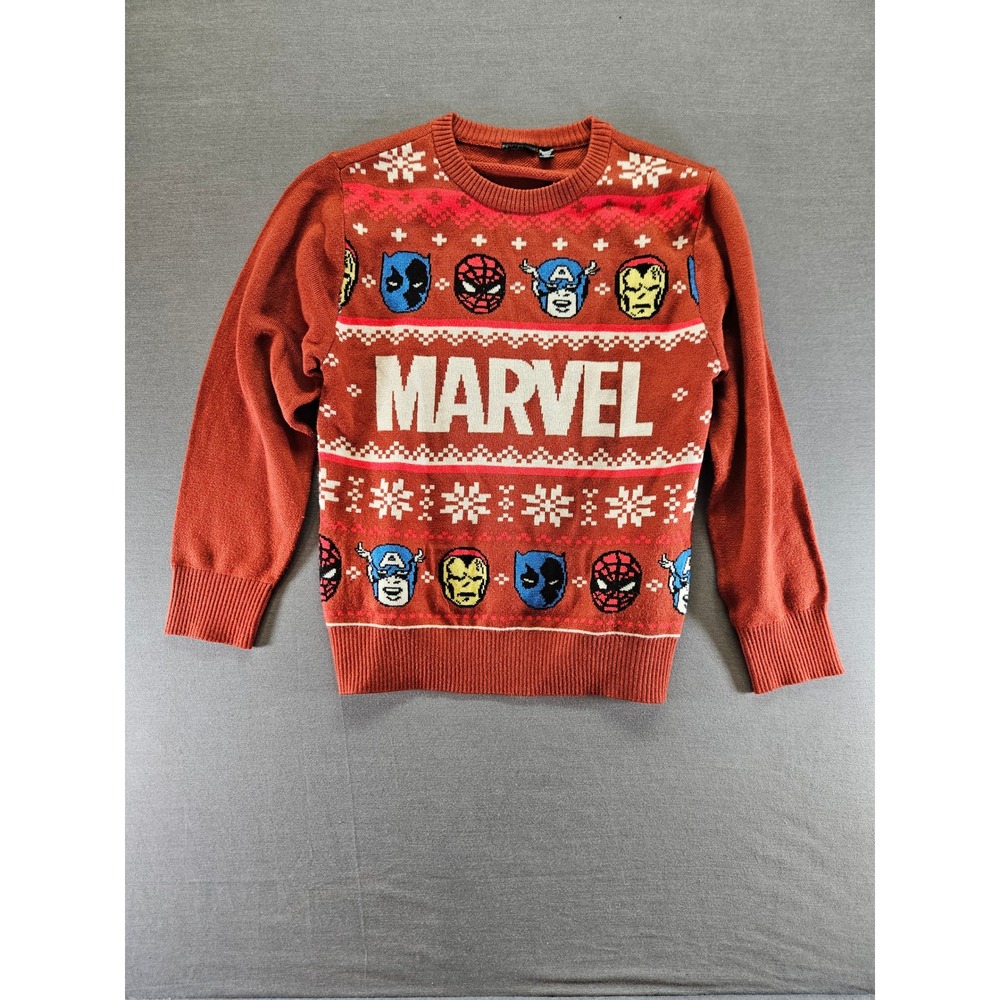 Marvel Comics Avengers Fair Isle Holiday Sweater Orange Crewneck Mens Medium